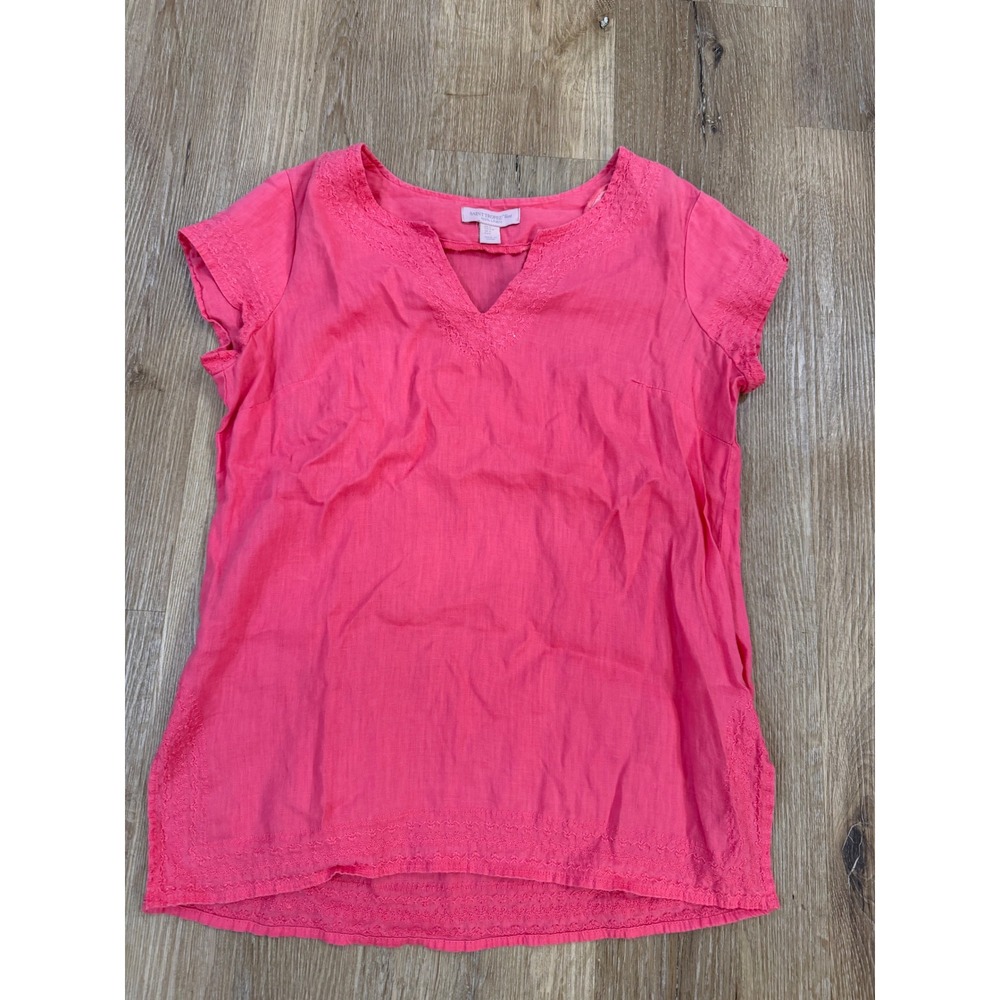 Saint Tropez West Blouse Womens Small Pink 100% Linen‎ Embroidered V-Neck Tunic